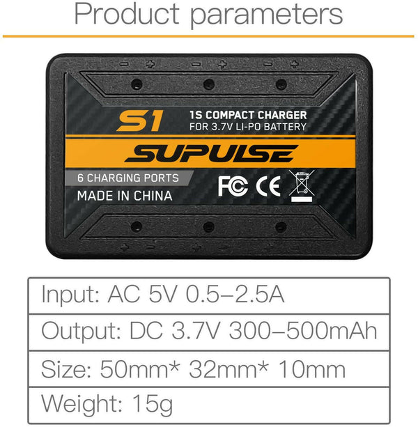 SUPULSE 6-in-1 Lipo Battery Charger 3.7V 1S 1 Cell Micro 6 Ports Compact Charger (S1) - EXHOBBY