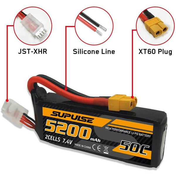 SUPULSE 2pack 7.4V 2S 5200mAh 50C Lipo Battery with XT60 Plug - EXHOBBY