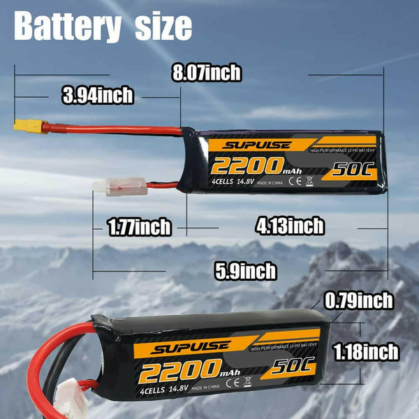 SUPULSE 2pcs 14.8V 4S 2200mAh 50C Lipo Battery with XT60 Plug - EXHOBBY